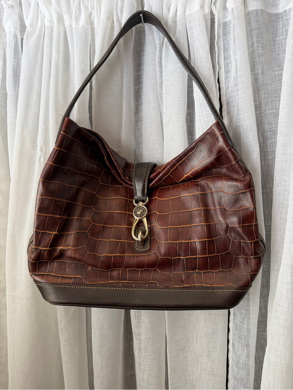 Dooney & Bourke Brown Croc-Embossed Shoulder Bag with Gold Hardware